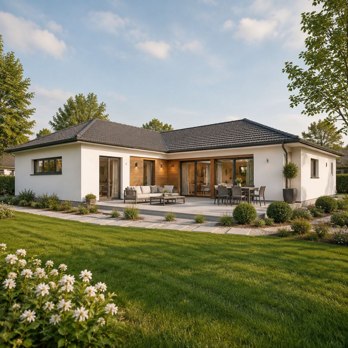 Visualisierung eines eingeschossigen Bungalows